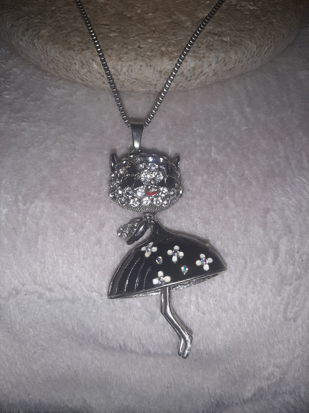 Betsey Johnson Silver-Tone Kitty Ballerina Necklace with Black Enamel